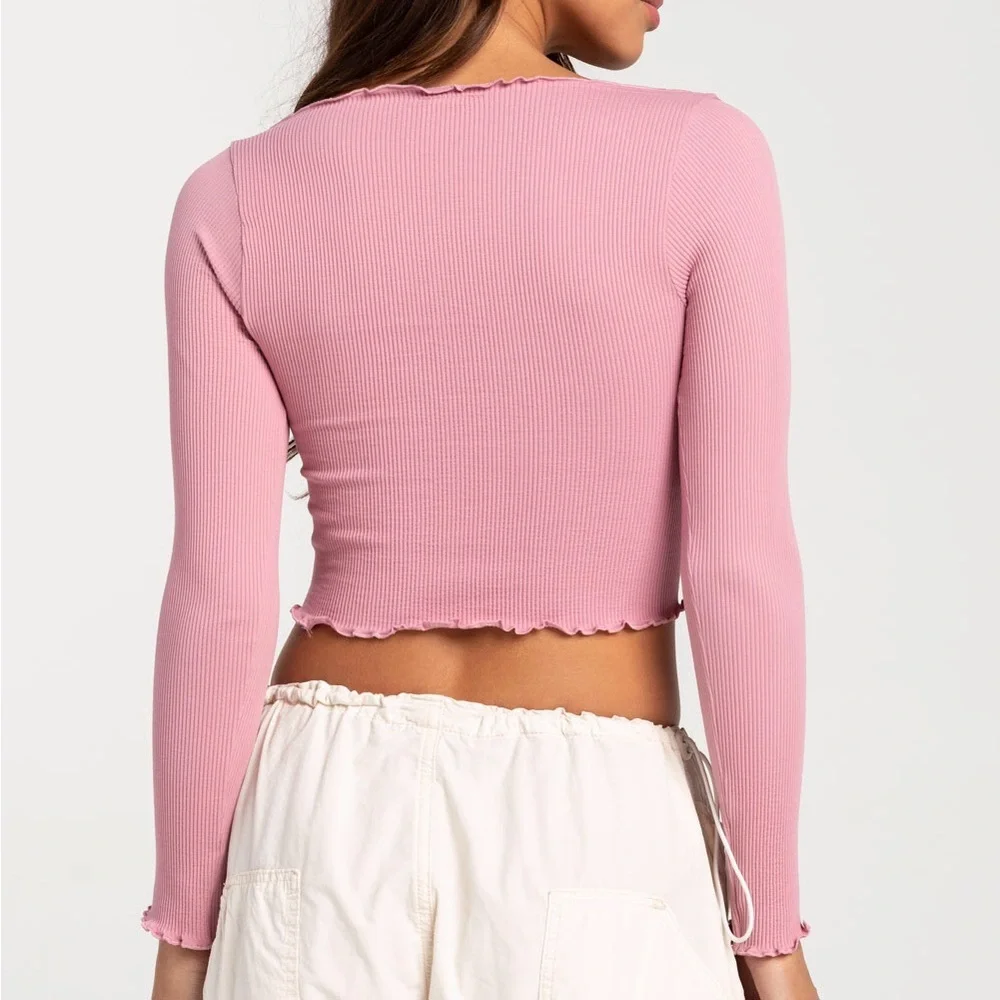 BDG Urban Outfitters Women L Pink Ribbed Y2K Seamless Elise Long Sleeve Crop Top
